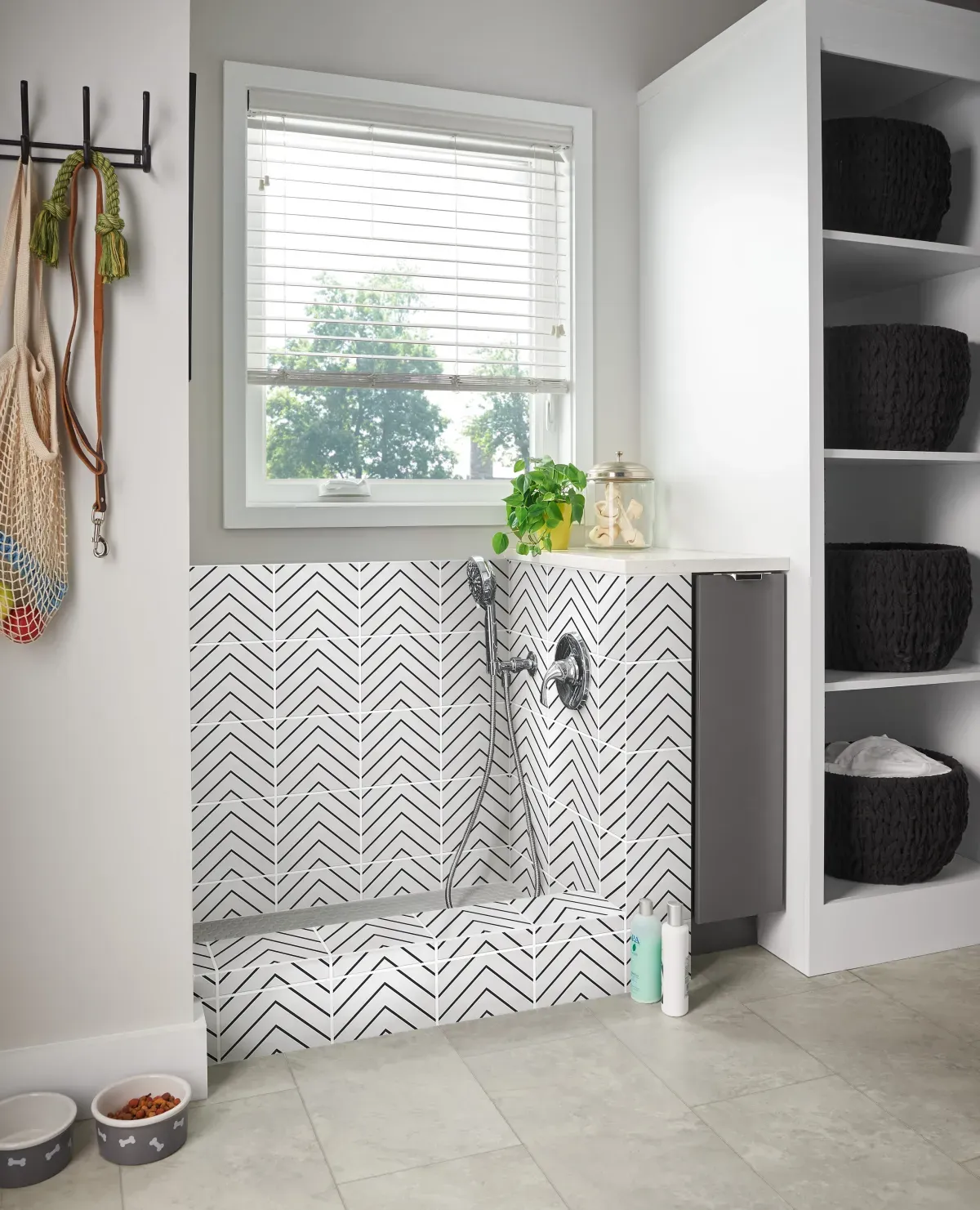 A dog wash station with patterned tile