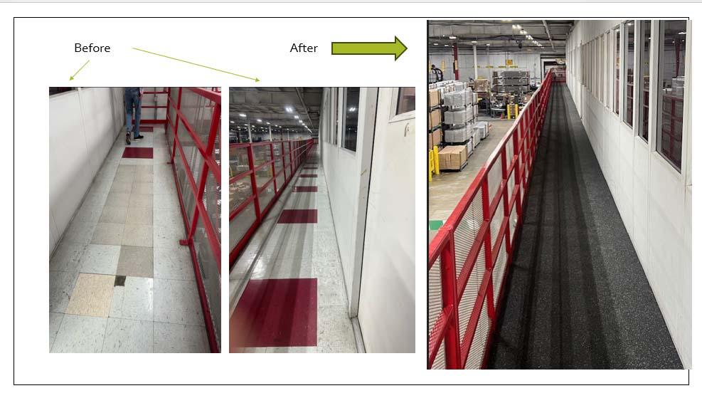 Comparison photos of a warehouse floor in The Villages, FL, highlighting the transformation with new tile.