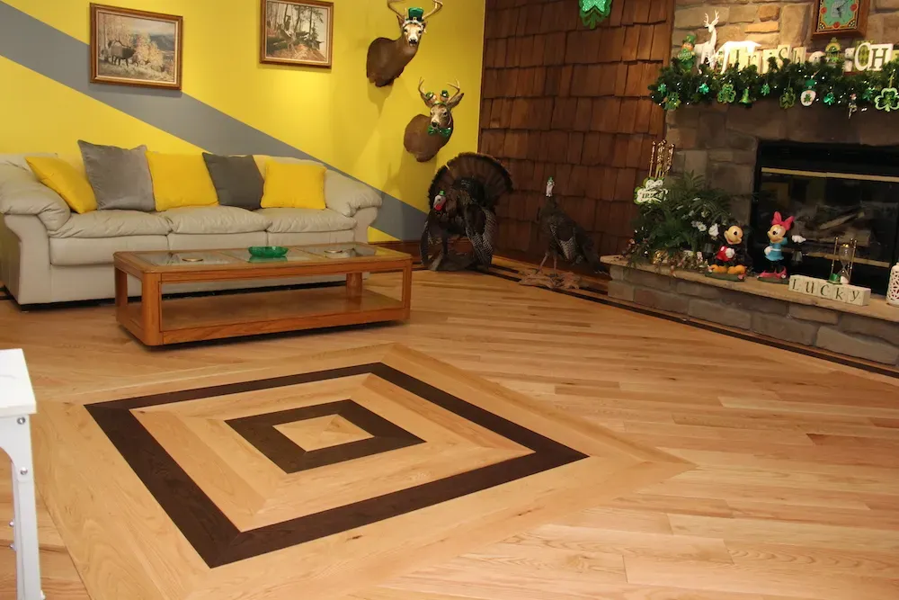 custom medallion flooring design in living room made from engineered hardwood